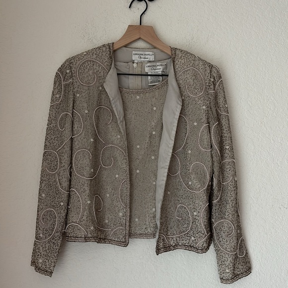 Vintage Adrianna Papell silk sequins silver grey shell and jacket set size 6p - Picture 8 of 8